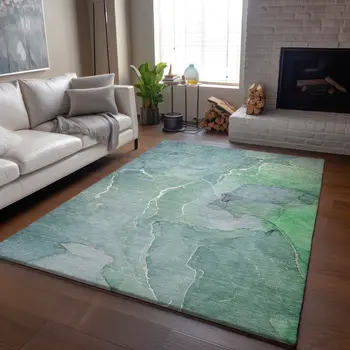 5' X 8' Teal And Ivory Abstract Washable Area Rug With UV Protection