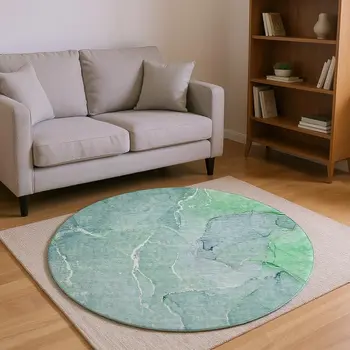 8' Teal And Ivory Abstract Washable Round Rug With UV Protection
