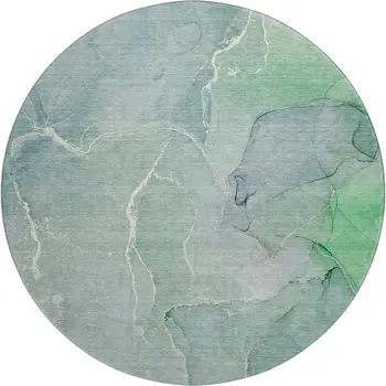 8' Teal And Ivory Abstract Washable Round Rug With UV Protection
