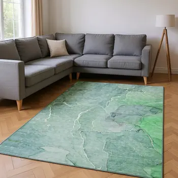 9' X 12' Teal And Ivory Abstract Washable Area Rug With UV Protection