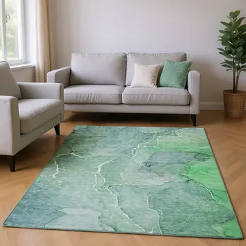 10' X 14' Teal And Ivory Abstract Washable Area Rug With UV Protection