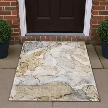 3' X 5' Beige And Ivory Abstract Washable Area Rug With UV Protection