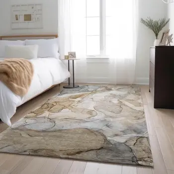 3' X 5' Beige And Ivory Abstract Washable Area Rug With UV Protection