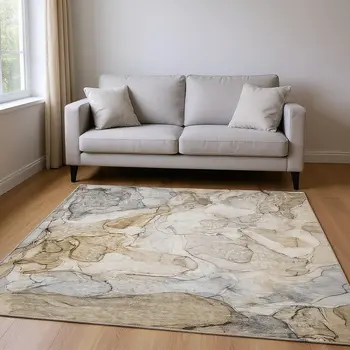 5' X 8' Beige And Ivory Abstract Washable Area Rug With UV Protection