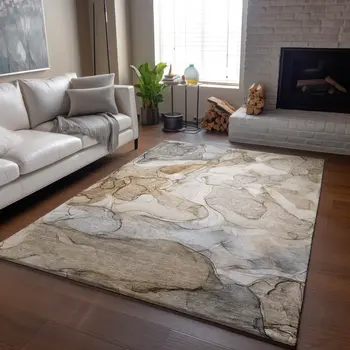 5' X 8' Beige And Ivory Abstract Washable Area Rug With UV Protection