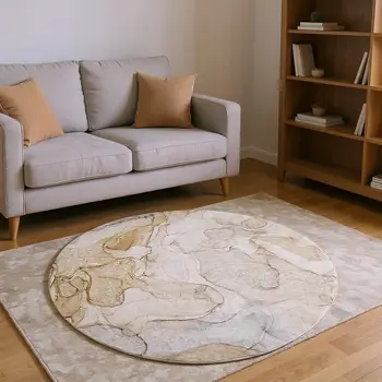8' Beige And Ivory Abstract Washable Round Rug With UV Protection