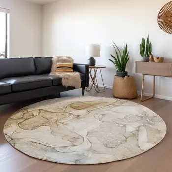 8' Beige And Ivory Abstract Washable Round Rug With UV Protection