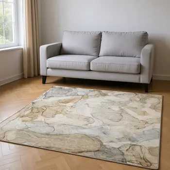 8' X 10' Beige And Ivory Abstract Washable Area Rug With UV Protection