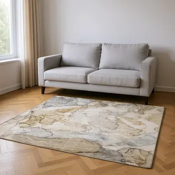 10' X 14' Beige And Ivory Abstract Washable Area Rug With UV Protection