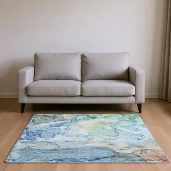 5' X 8' Blue And Ivory Abstract Washable Area Rug With UV Protection