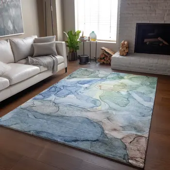 5' X 8' Blue And Ivory Abstract Washable Area Rug With UV Protection