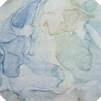 8' Blue And Ivory Abstract Washable Round Rug With UV Protection