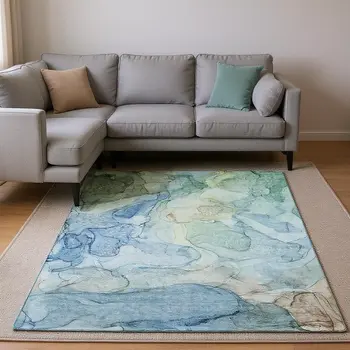 8' X 10' Blue And Ivory Abstract Washable Area Rug With UV Protection