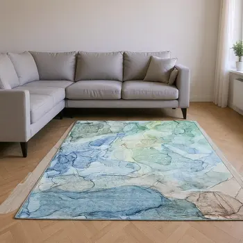 9' X 12' Blue And Ivory Abstract Washable Area Rug With UV Protection