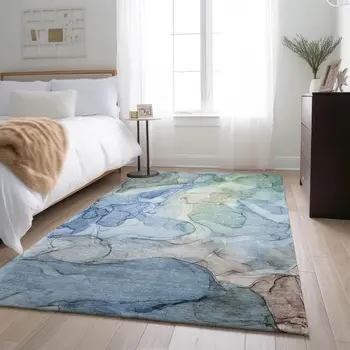 10' X 14' Blue And Ivory Abstract Washable Area Rug With UV Protection