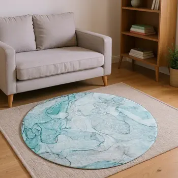 8' Teal And Ivory Abstract Washable Round Rug With UV Protection