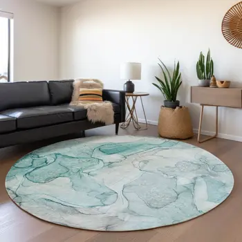 8' Teal And Ivory Abstract Washable Round Rug With UV Protection