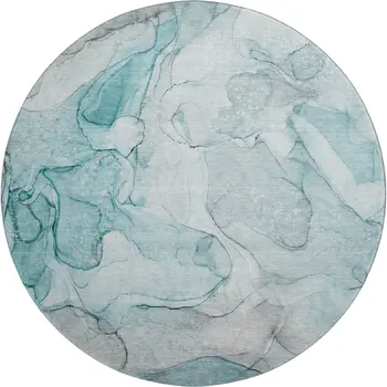 8' Teal And Ivory Abstract Washable Round Rug With UV Protection