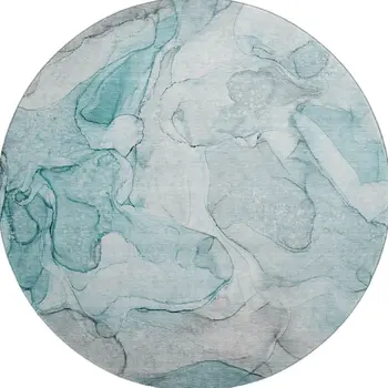 8' Teal And Ivory Abstract Washable Round Rug With UV Protection