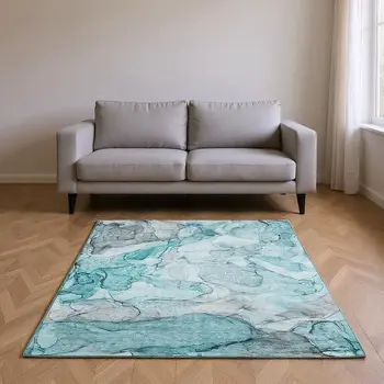 8' X 10' Teal And Ivory Abstract Washable Area Rug With UV Protection
