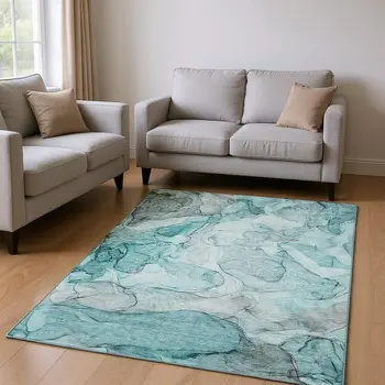 9' X 12' Teal And Ivory Abstract Washable Area Rug With UV Protection