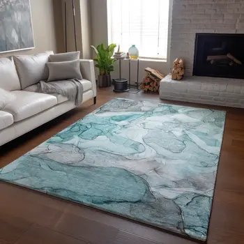 9' X 12' Teal And Ivory Abstract Washable Area Rug With UV Protection