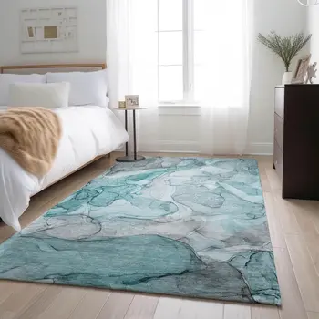 10' X 14' Teal And Ivory Abstract Washable Area Rug With UV Protection
