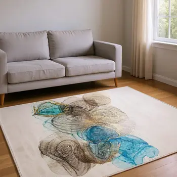 5' X 8' Beige Ivory And Blue Abstract Washable Area Rug With UV Protection