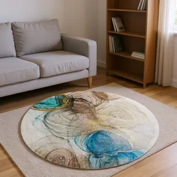 8' Beige Ivory And Blue Abstract Washable Round Rug With UV Protection