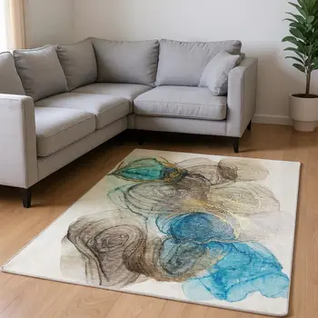 8' X 10' Beige Ivory And Blue Abstract Washable Area Rug With UV Protection