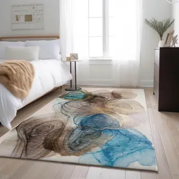 8' X 10' Beige Ivory And Blue Abstract Washable Area Rug With UV Protection