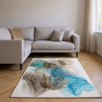 9' X 12' Beige Ivory And Blue Abstract Washable Area Rug With UV Protection