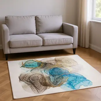 10' X 14' Beige Ivory And Blue Abstract Washable Area Rug With UV Protection