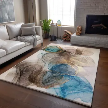 10' X 14' Beige Ivory And Blue Abstract Washable Area Rug With UV Protection