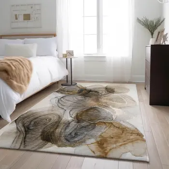 3' X 5' Brown And Ivory Abstract Washable Area Rug With UV Protection