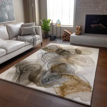 3' X 5' Brown And Ivory Abstract Washable Area Rug With UV Protection