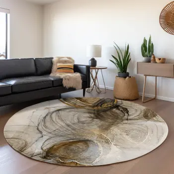 8' Brown And Ivory Abstract Washable Round Rug With UV Protection