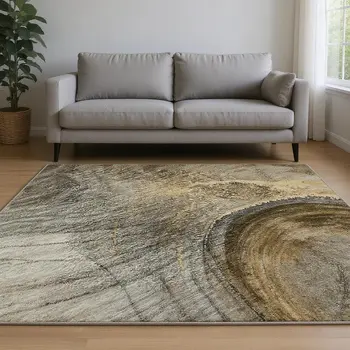 9' X 12' Brown And Ivory Abstract Washable Area Rug With UV Protection