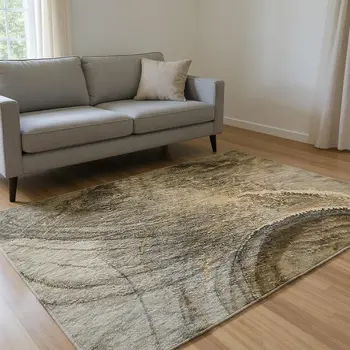 10' X 14' Brown And Ivory Abstract Washable Area Rug With UV Protection