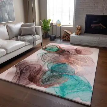5' X 8' Burgundy Blue And Ivory Abstract Washable Area Rug With UV Protection