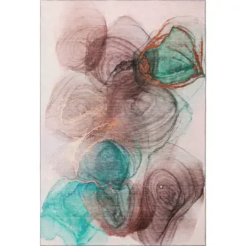 5' X 8' Burgundy Blue And Ivory Abstract Washable Area Rug With UV Protection