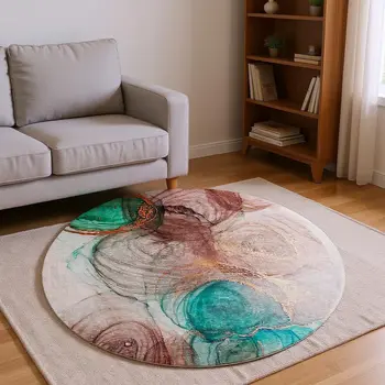 8' Burgundy Blue And Ivory Abstract Washable Round Rug With UV Protection