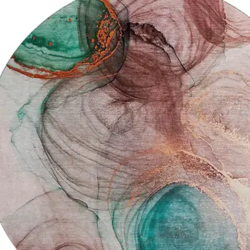 8' Burgundy Blue And Ivory Abstract Washable Round Rug With UV Protection