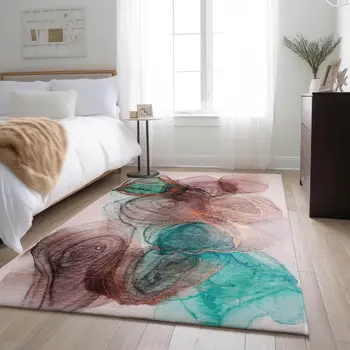 9' X 12' Burgundy Blue And Ivory Abstract Washable Area Rug With UV Protection