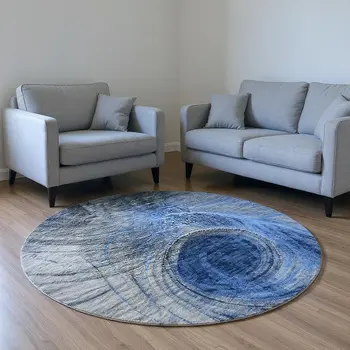 5' X 8' Navy Blue And Ivory Abstract Washable Area Rug With UV Protection