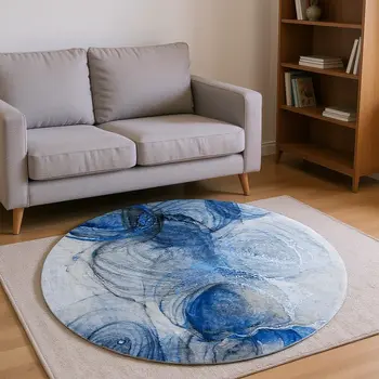 8' Navy Blue And Ivory Abstract Washable Round Rug With UV Protection