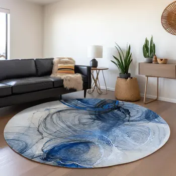 8' Navy Blue And Ivory Abstract Washable Round Rug With UV Protection