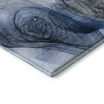 8' Navy Blue And Ivory Abstract Washable Round Rug With UV Protection