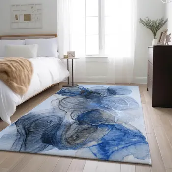 10' X 14' Navy Blue And Ivory Abstract Washable Area Rug With UV Protection