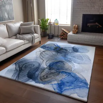 10' X 14' Navy Blue And Ivory Abstract Washable Area Rug With UV Protection